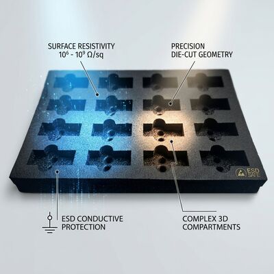 Inserto de Espuma ESD Condutora Preto Cortado a Laser Antiestático EVA Espuma Amortecimento de Embalagem Interna para Envio de Placas PCB IC