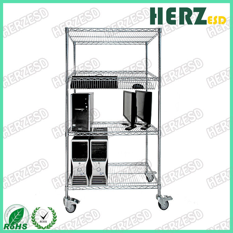 Aço carbono ESD SMT SMD PCB Reel Storage Trolley Prateleira de metal Chrome Wire Rack Trolley Cart