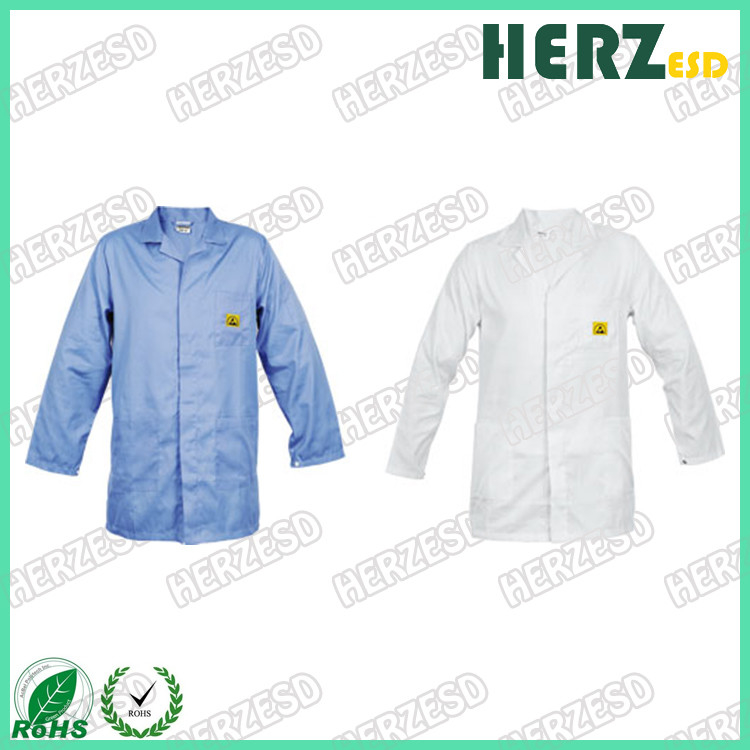 Vestuário de laboratório antistático de sala limpa Branco ou azul lavável ESD Smock Garment Poliéster para roupas de laboratório ou sala limpa